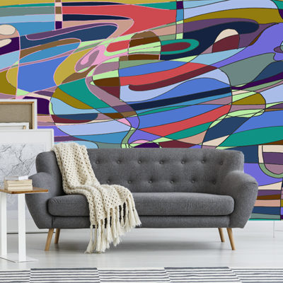 Gray couch with beige blanket in the middle of modern living room interior with map posters