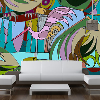 interior design of modern white and brown living room furniture against white wall with a lamp hanging and lots of copy space