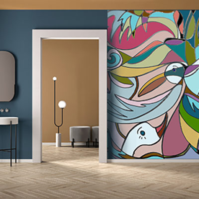 Minimalist bathroom with plaster walls and parquet floor, empty room with sink and mirror, door with room in the background. Blue and yellow interior design concept with copy space