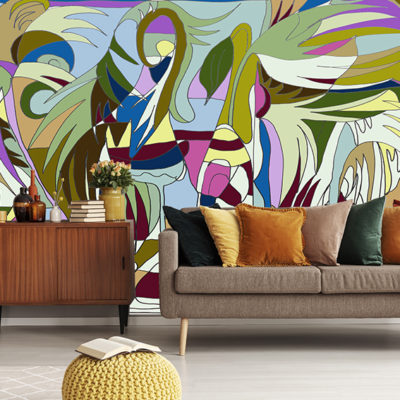 Retro style in beautiful living room interior with grey empty wall