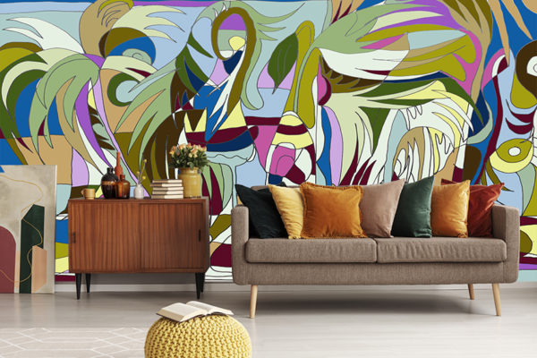 Retro style in beautiful living room interior with grey empty wall