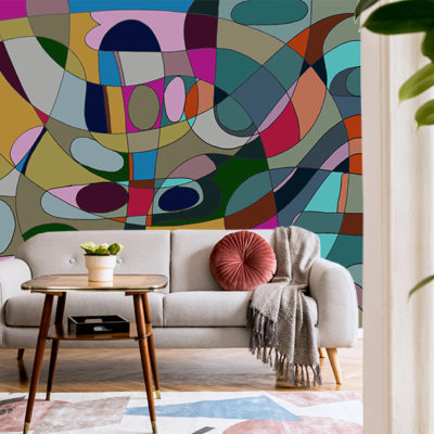 Elegant retro living room with design grey sofa, coffee table, l