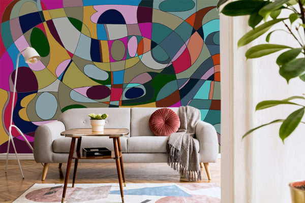 Elegant retro living room with design grey sofa, coffee table, l