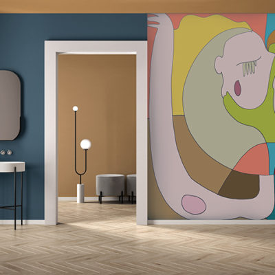 Minimalist bathroom with plaster walls and parquet floor, empty room with sink and mirror, door with room in the background. Blue and yellow interior design concept with copy space