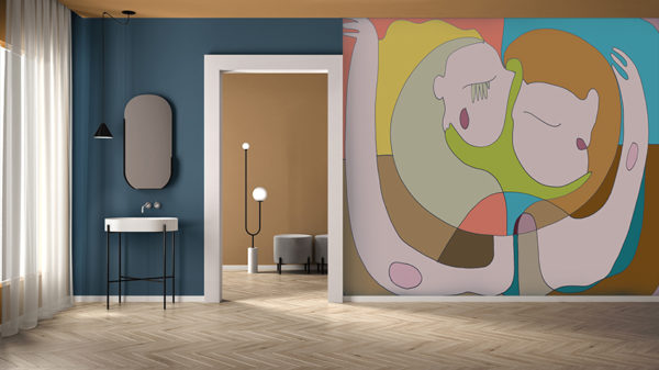 Minimalist bathroom with plaster walls and parquet floor, empty room with sink and mirror, door with room in the background. Blue and yellow interior design concept with copy space