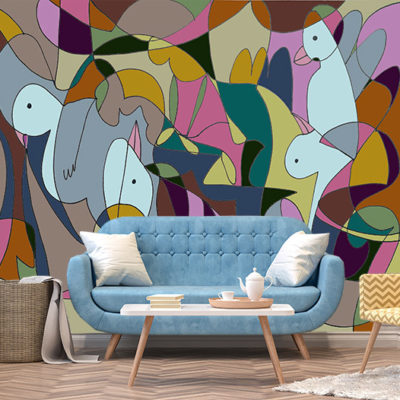 Vintage living room 3d rendering image.The Rooms have  wooden floors and white brick walls.furnished with blue sofa and yellow chair There are blue window overlooking to the nature.