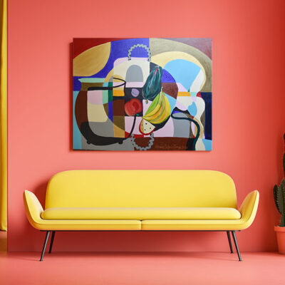 Minimalist living room interior with pink walls and floor, yellow curtain and comfortable yellow sofa with horizontal mock up poster above it. 3d rendering