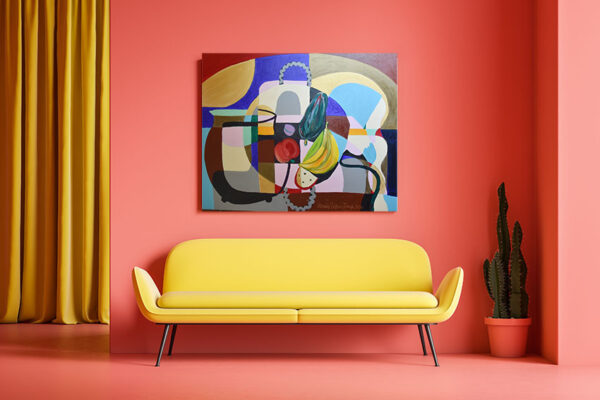 Minimalist living room interior with pink walls and floor, yellow curtain and comfortable yellow sofa with horizontal mock up poster above it. 3d rendering