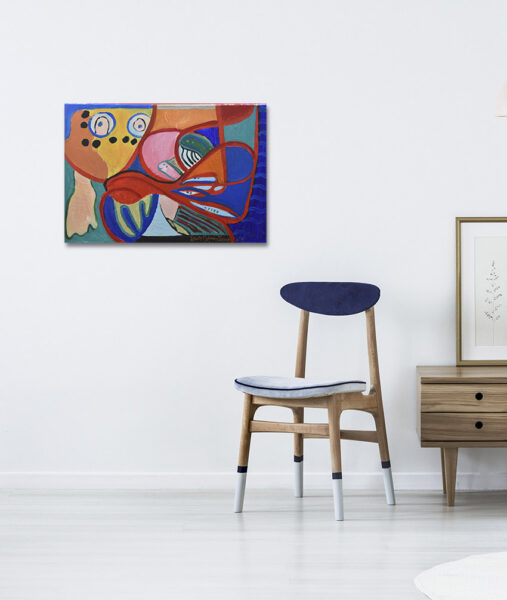 Pink lamp above wooden cupboard with colorful flowers in minimal living room interior with chair