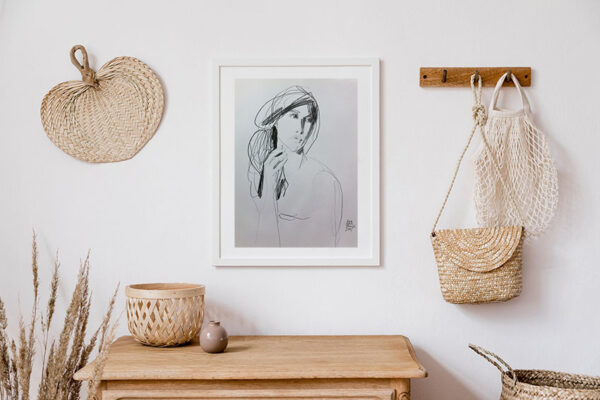 Stylish korean interior of living room with brown mock up poster