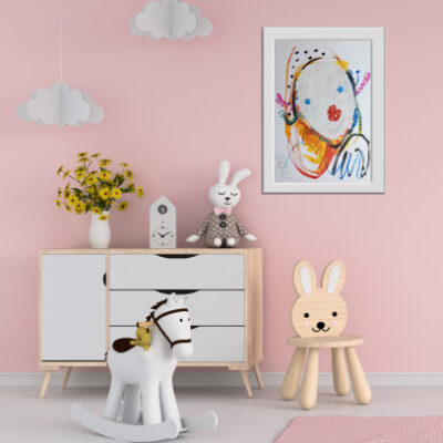 Drawing board and chair in pink child room interior for mockup,