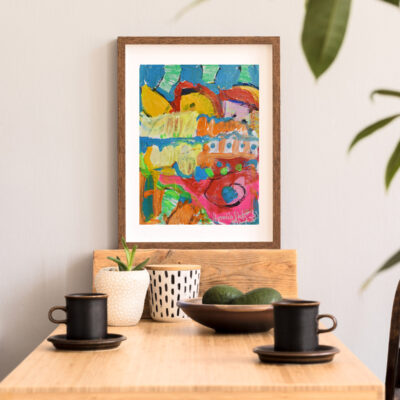 Stylish and sunny interior of kitchen space with wooden table wi