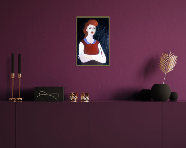 Minimal decorated dark deep color room with chest of drawers and
