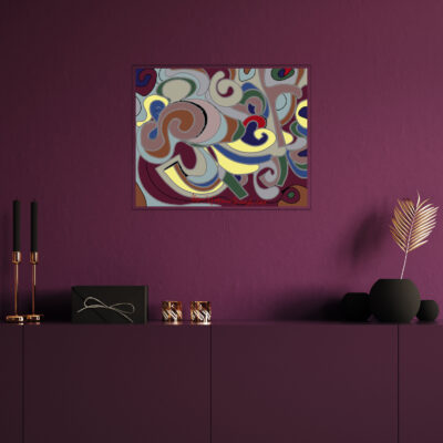 Minimal decorated dark deep color room with chest of drawers and