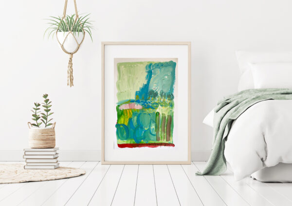 Poster mockup with wooden vertical frame standing on floor in bedroom interior with bed, green plaid and plants on white wall. 3D rendering.