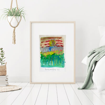 Poster mockup with wooden vertical frame standing on floor in bedroom interior with bed, green plaid and plants on white wall. 3D rendering.