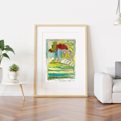 Vertical wooden frame leaning in bright white living room with plants and decorations mockup 3D rendering