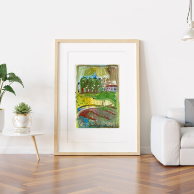 Vertical wooden frame leaning in bright white living room with plants and decorations mockup 3D rendering