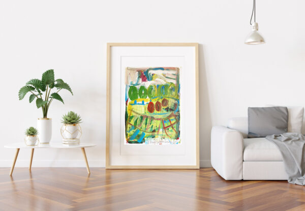 Vertical wooden frame leaning in bright white living room with plants and decorations mockup 3D rendering