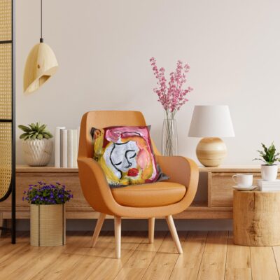 Living room interior wall mockup in warm tones with leather armchair on white wall background.3d rendering