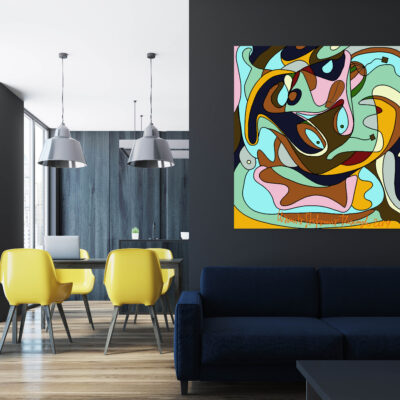 Living room interior with black walls, a square poster, a blue sofa near a coffee table and a dining room in the background. 3d rendering mock up