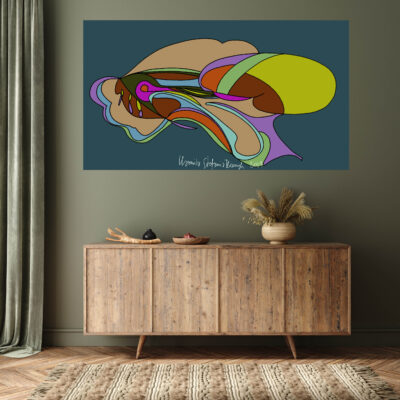 Commode with decor in living room interior, dark green wall mock