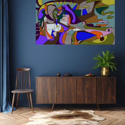 Commode with chair and decor in living room interior, dark blue