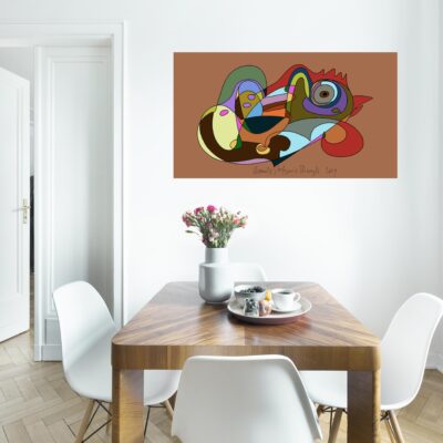 Dining table with fresh flowers and breakfast tray with coffee cup and fruits in real photo of white room interior with empty wall. Paste your painting here
