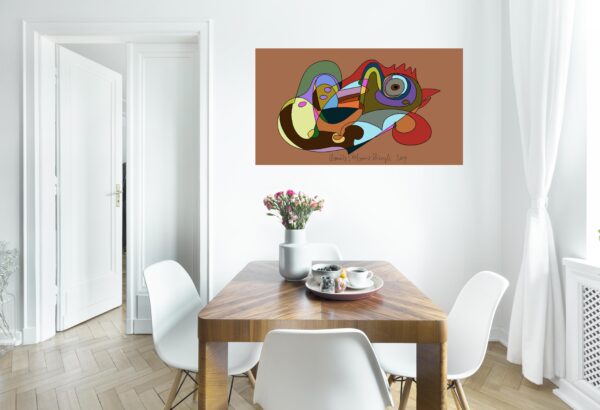 Dining table with fresh flowers and breakfast tray with coffee cup and fruits in real photo of white room interior with empty wall. Paste your painting here