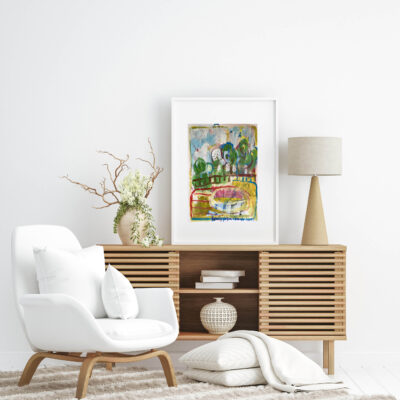 Poster mockup in Scandi-boho style interior background, 3d rende