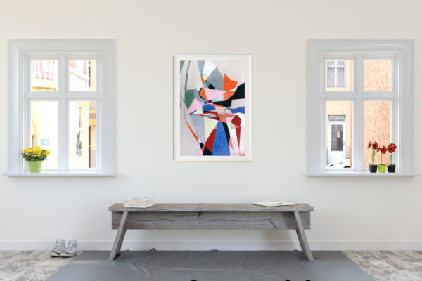 A room with a house outside the window. Scandinavian style.