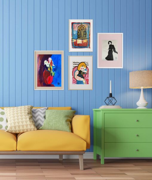 Colorful living room 3d rendering image.There are wood floor decorate wall with blue wooden plank .There are large windows look out to see the nature