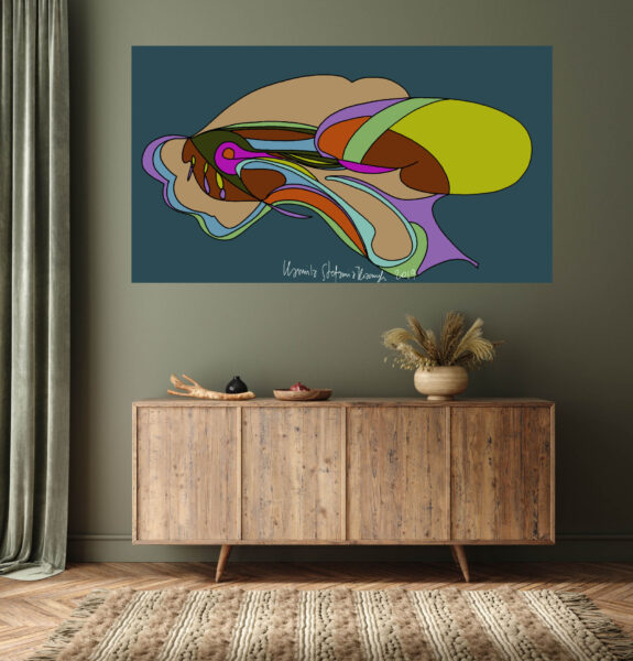 Commode with decor in living room interior, dark green wall mock