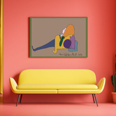 Minimalist living room interior with pink walls and floor, yellow curtain and comfortable yellow sofa with horizontal mock up poster above it. 3d rendering