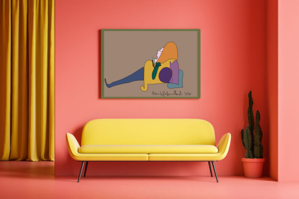 Minimalist living room interior with pink walls and floor, yellow curtain and comfortable yellow sofa with horizontal mock up poster above it. 3d rendering