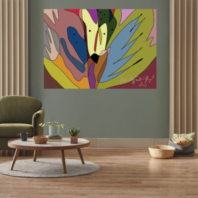 Green wall background, minimalist sofa, marble pattern wooden sofa, grey carpet, poster, lamp and frame.