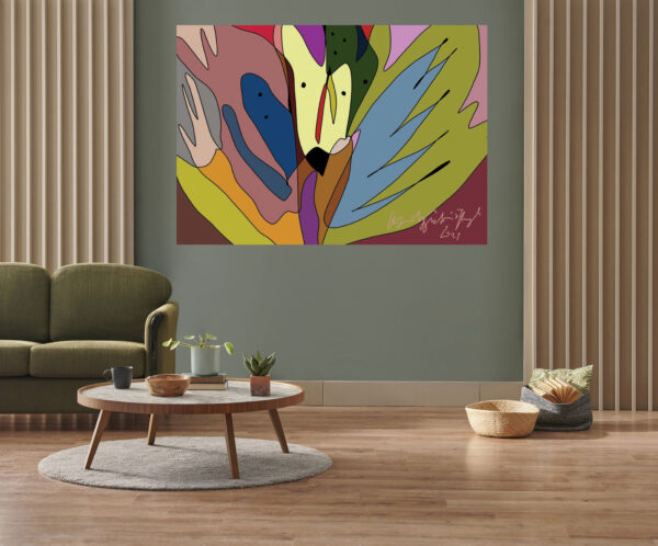 Green wall background, minimalist sofa, marble pattern wooden sofa, grey carpet, poster, lamp and frame.