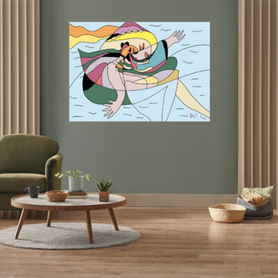 Green wall background, minimalist sofa, marble pattern wooden sofa, grey carpet, poster, lamp and frame.