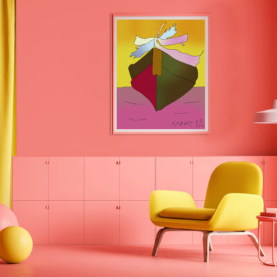 Minimalist living room interior with pink walls and floor, yellow curtain and comfortable yellow armchair with horizontal mock up poster above it. Table with books and two balls. 3d rendering