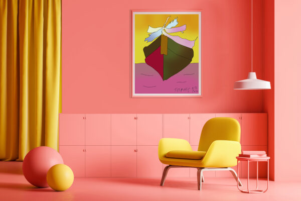 Minimalist living room interior with pink walls and floor, yellow curtain and comfortable yellow armchair with horizontal mock up poster above it. Table with books and two balls. 3d rendering