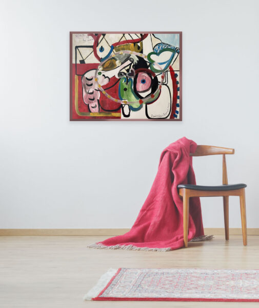 Modern room with vintage accessories, wooden cupboard, old-fashioned rug, retro chair, red blanket and poster mock-up