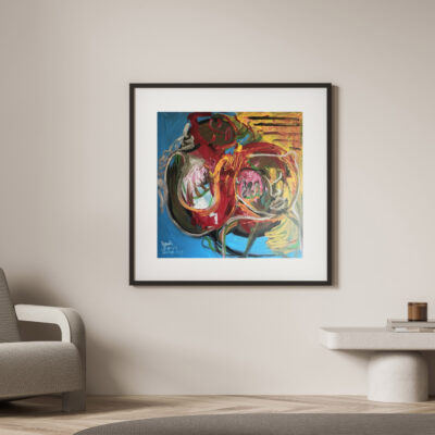 Beige living room interior with a square poster, two pendant lamps and one armchair with white coffee table on parquet flooring. Mock up. A concept of modern minimalist house design. 3d rendering