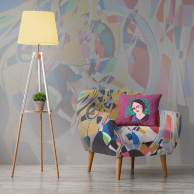 Comfortable armchair with pink pillow, glowing lamp on floor on gray wall background in office or living room. Scandinavian style, minimalist, modern home interior, real estate ad and modern blog