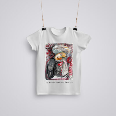 Cloth template. A blank T-shirt hanging on black metal clips with craft rope  on a white studio background.  Front position. Mockup ready to use in your design.