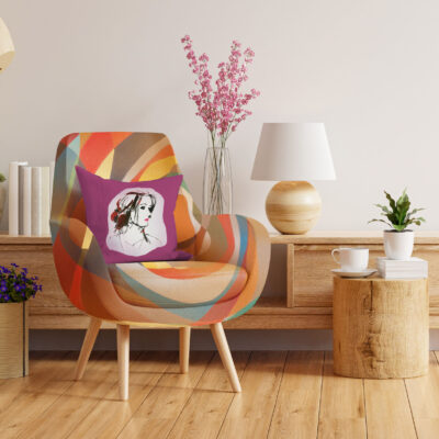 Living room interior wall mockup in warm tones with leather armchair on white wall background.3d rendering