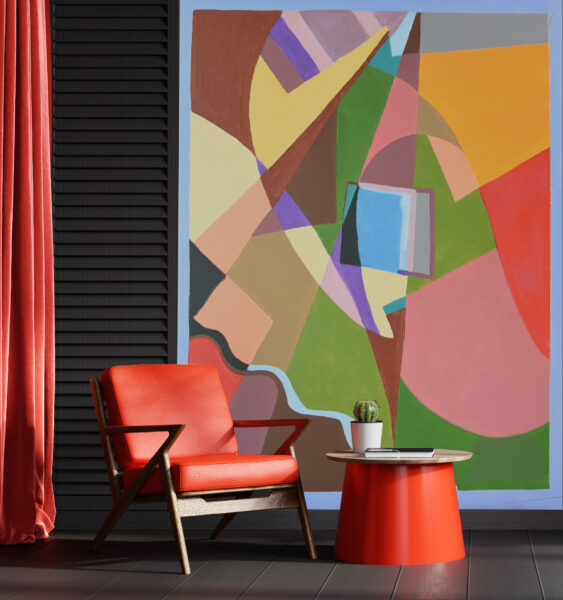 Living room interior wall mockup in black tones with red leather armchair on dark wall background.3d rendering