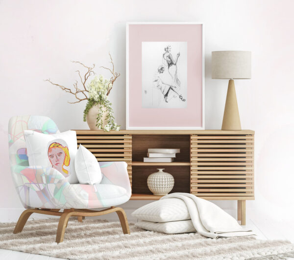 Poster mockup in Scandi-boho style interior background, 3d rende