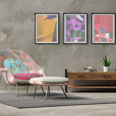 Three empty frames on the wall of the living room with armchairs as a mock-up design (3D Rendering)