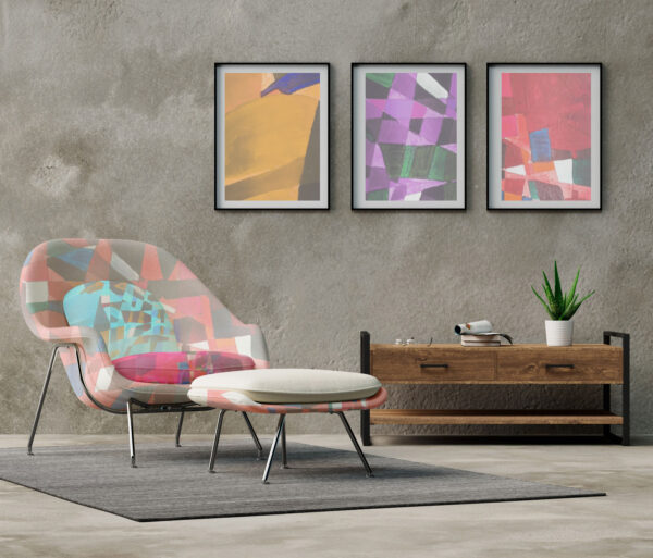 Three empty frames on the wall of the living room with armchairs as a mock-up design (3D Rendering)