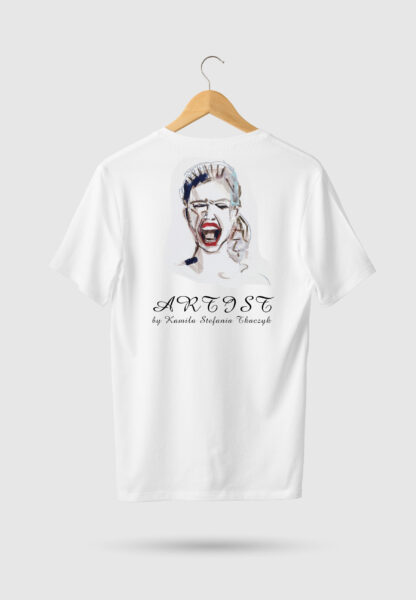 Blank White V-Neck Shirt Mock-up on wooden hanger, front and rea
